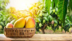 mango-fruit-hanging-on-a-tree-with-a-rustic-wooden-table-free-photo