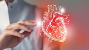 Female,Doctor,Touchstone,Virtual,Heart,In,Hand.,Blurred,Photo,,Handrawn